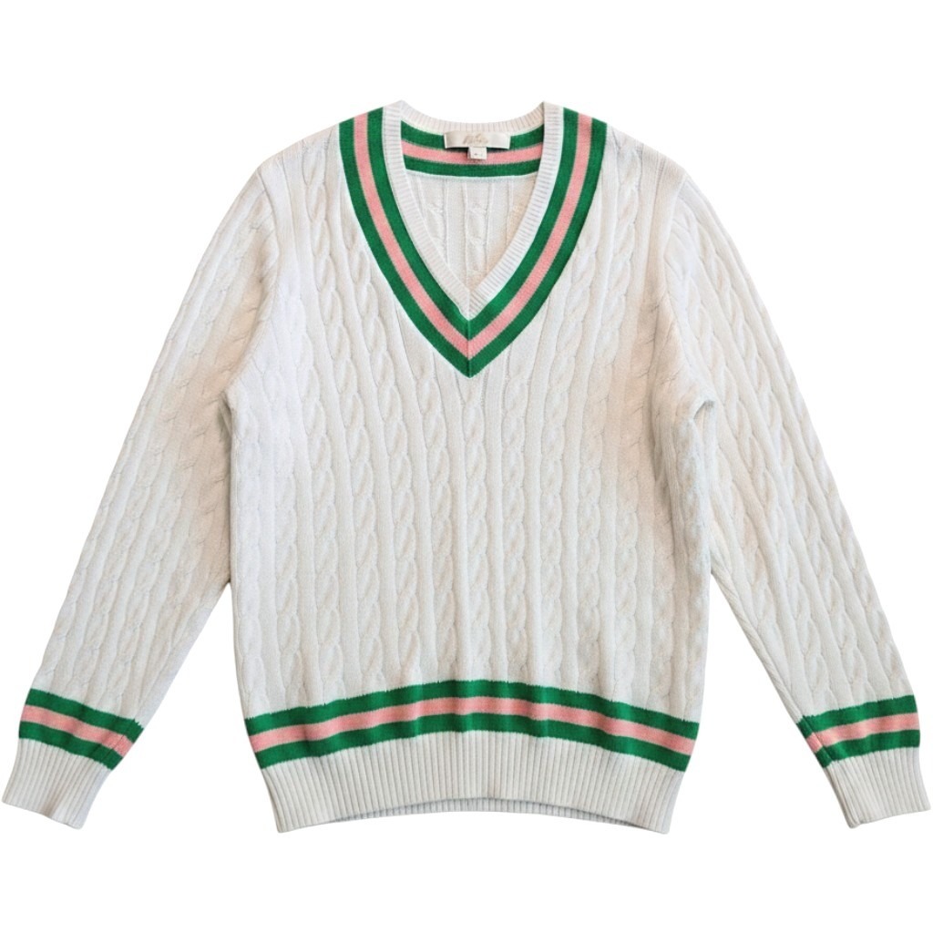 Lilly Pulitzer Xl Brockton Cotton Cable Knit Tennis Sweater White Pink Green